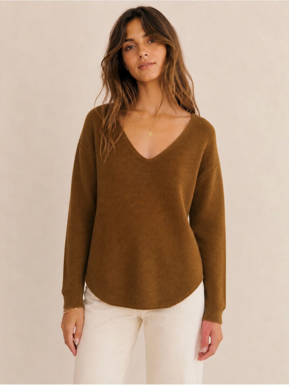 Aritzia Wilfred Free 100% Merino Wool V-Neck Sweater Camel Brown XXS